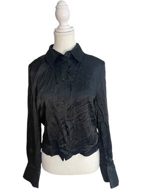 Zara Satin Cropped Button-Up Blouse Black